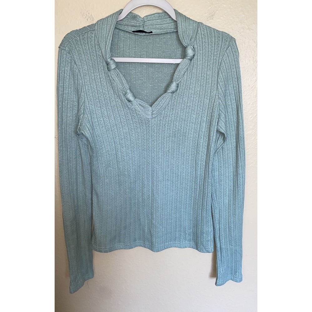 Miss Me Top Women Green Crochet V-Neck Long Sleeve Knotted Large Stripe Western